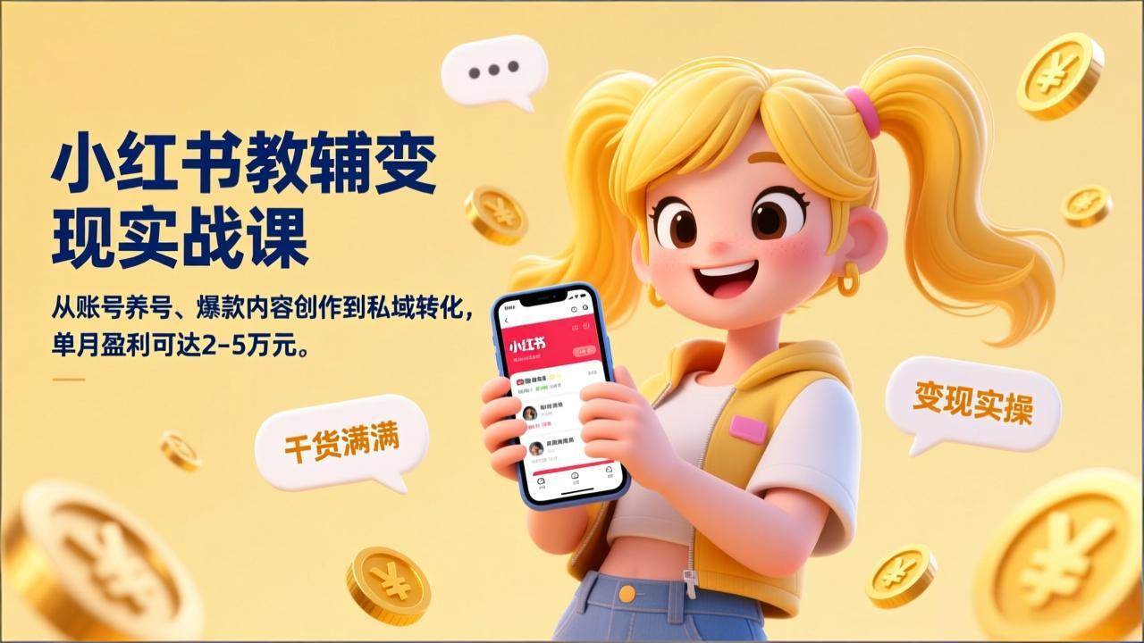 (2.7)小红书教辅变现实战课，从账号养号、爆款内容创作到私域转化，单月盈利可达2-5万元